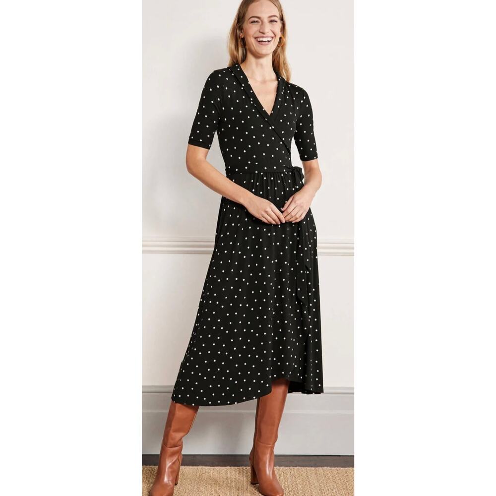 Boden Lavinia Jersey Wrap Midi Dress Black Polka Dot Stretch Women's 6